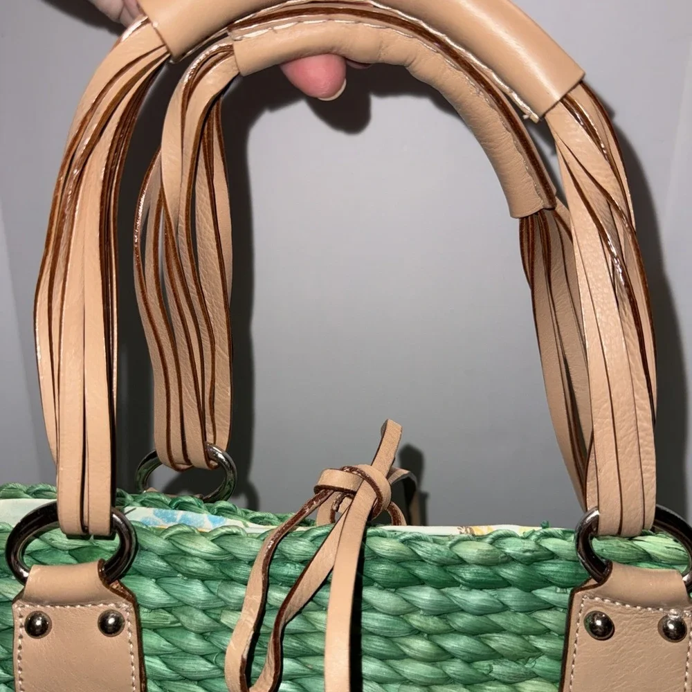 Green Woven Tote Bag with Tan Handles